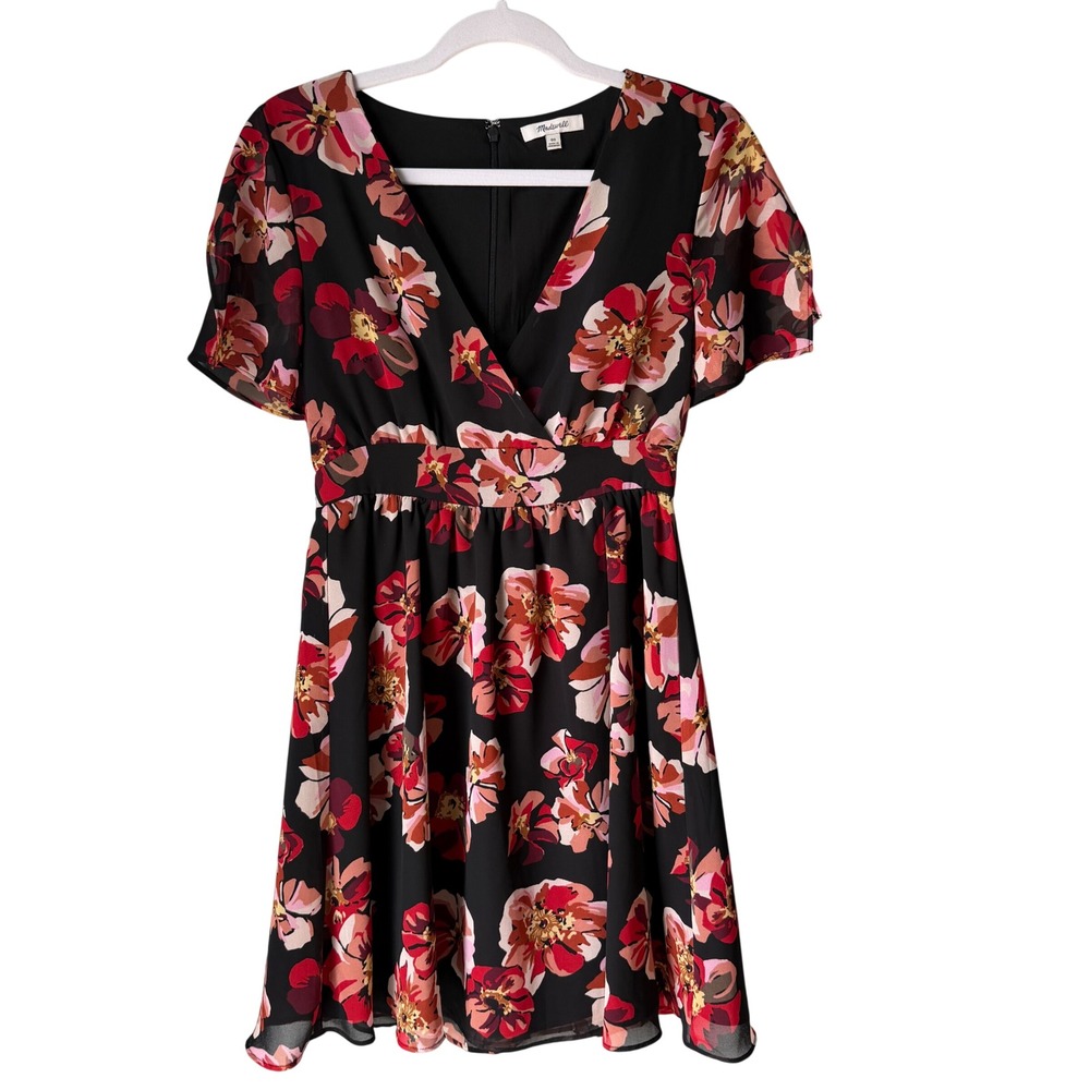Madewell Floral‎ Dress Short Split Sleeve Black Red V-Neck Size 00